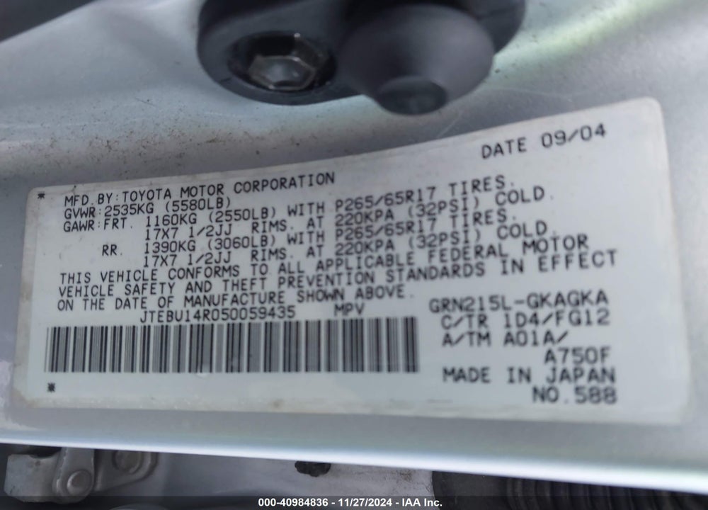 2005 TOYOTA 4RUNNER SR5 V6 VIN: JTEBU14R050059435