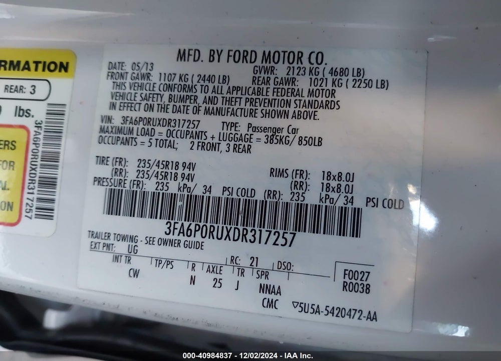 2013 FORD FUSION HYBRID TITANIUM VIN: 3FA6P0RUXDR317257