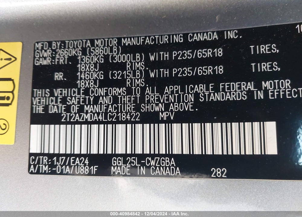 2020 LEXUS RX 350 VIN: 2T2AZMDA4LC218422