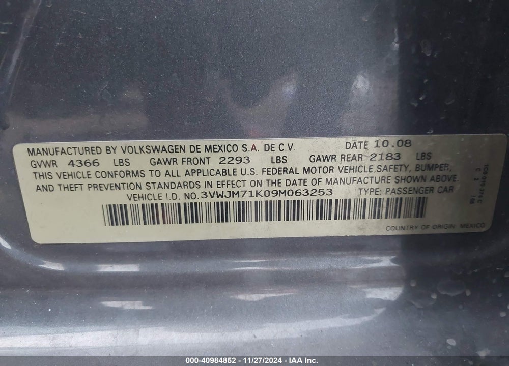 2009 VOLKSWAGEN JETTA S VIN: 3VWJM71K09M063253