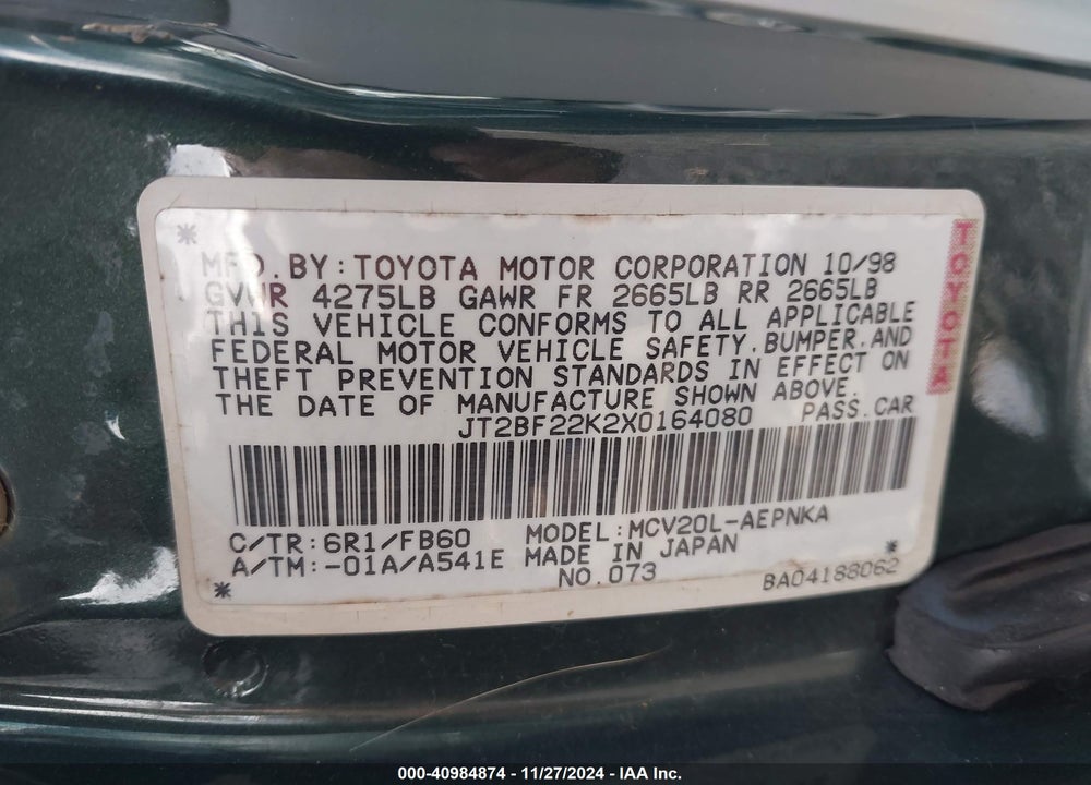 1999 TOYOTA CAMRY LE V6/XLE V6 VIN: JT2BF22K2X0164080