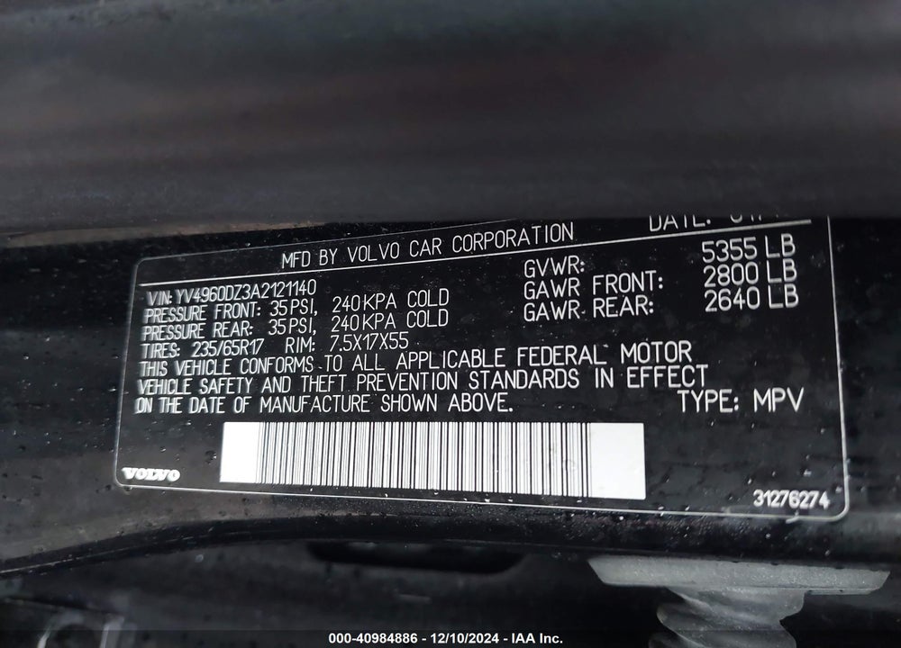 2010 VOLVO XC60 3.2 VIN: YV4960DZ3A2121140