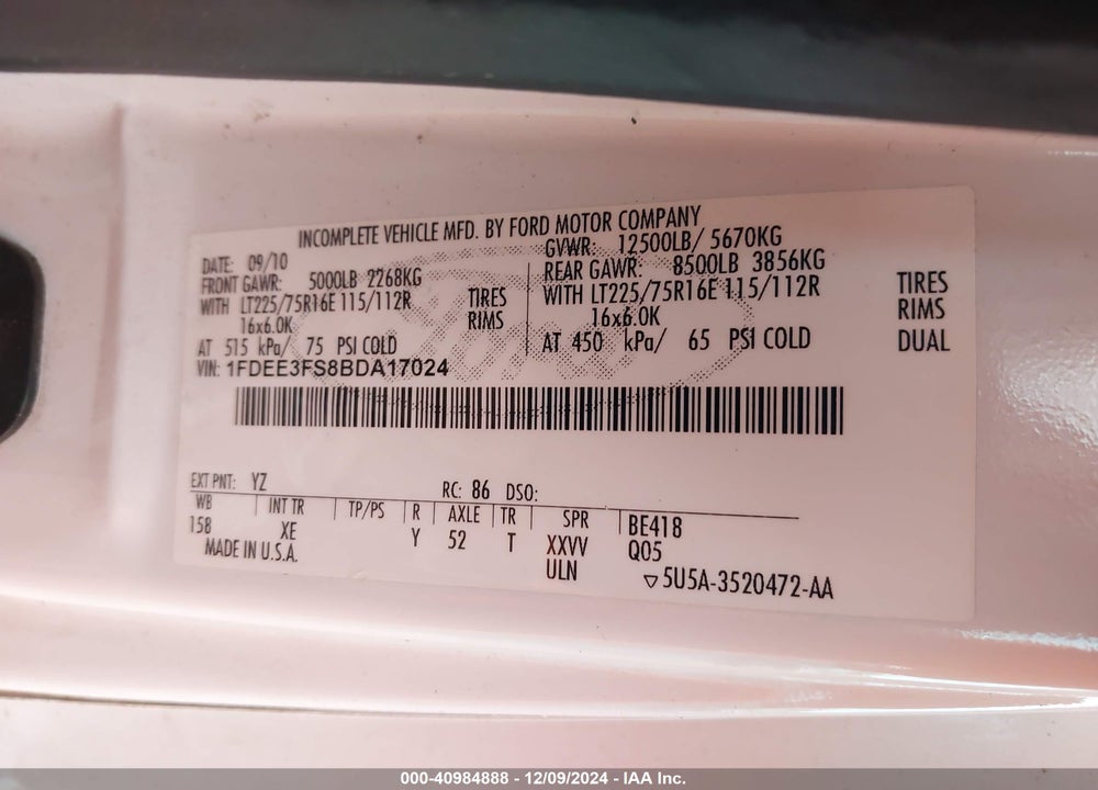 2011 GLAVAL E-350 CUTAWAY VIN: 1FDEE3FS8BDA17024