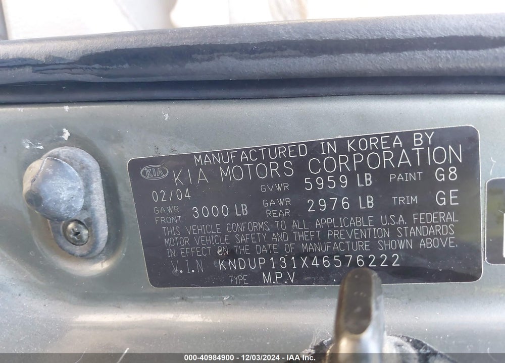 2004 KIA SEDONA EX/LX VIN: KNDUP131X46576222