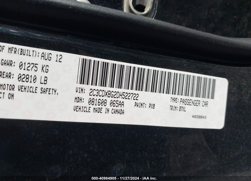 2013 DODGE CHARGER VIN: 2C3CDXBG2DH522722