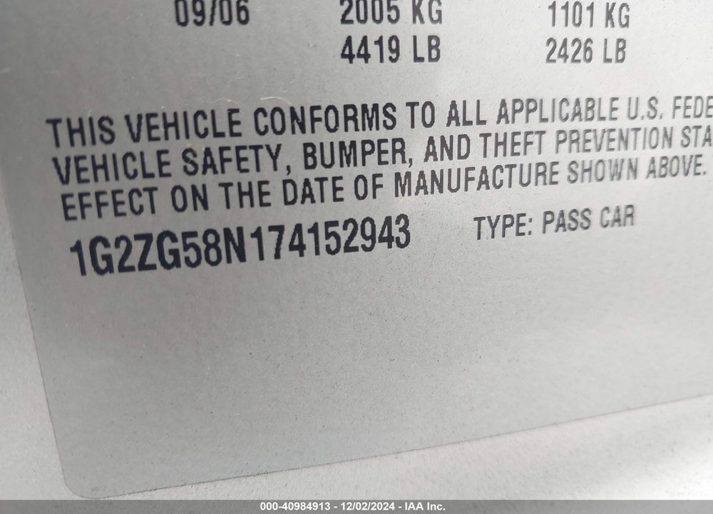 2007 PONTIAC G6 VIN: 1G2ZG58N174152943