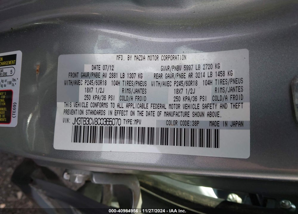 2012 MAZDA CX-9 TOURING VIN: JM3TB3CV8C0365070