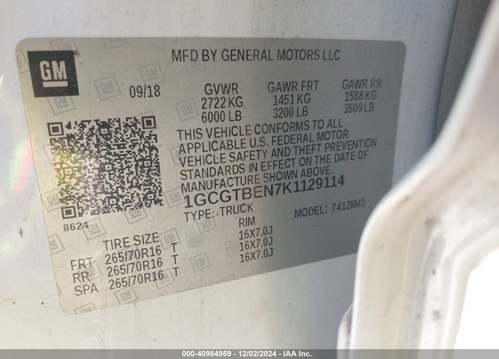 2019 CHEVROLET COLORADO WT VIN: 1GCGTBEN7K1129114