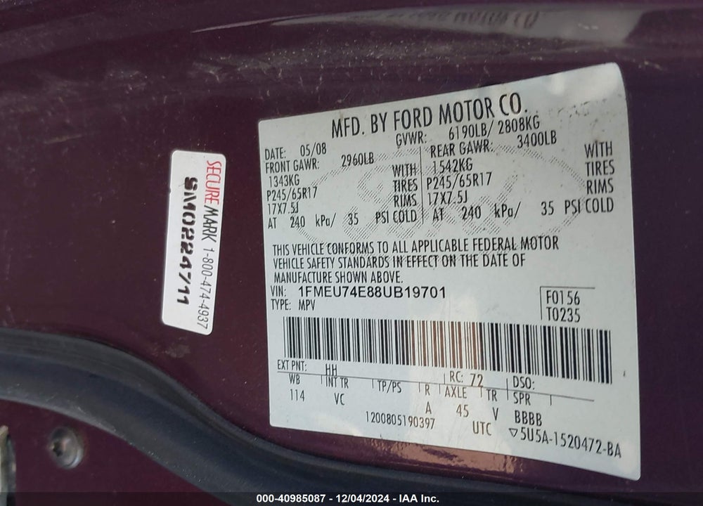 2008 FORD EXPLORER EDDIE BAUER VIN: 1FMEU74E88UB19701