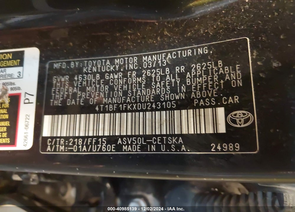 2013 TOYOTA CAMRY SE VIN: 4T1BF1FKXDU243105