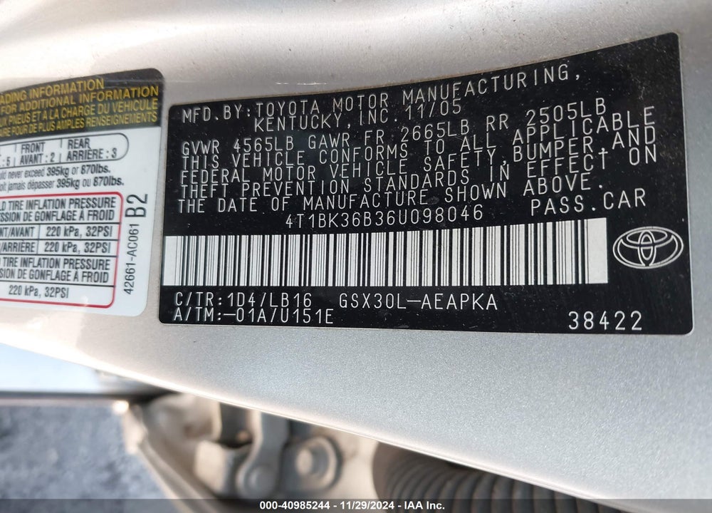 2006 TOYOTA AVALON LIMITED VIN: 4T1BK36B36U098046