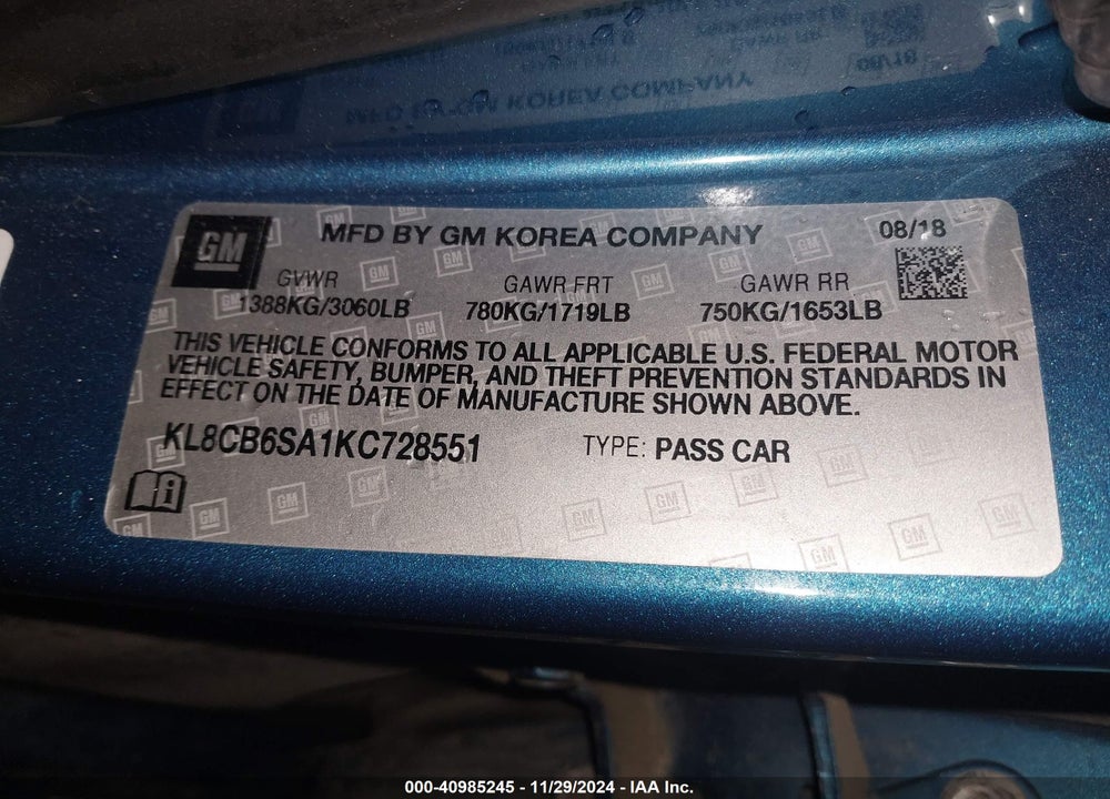 2019 CHEVROLET SPARK LS CVT VIN: KL8CB6SA1KC728551