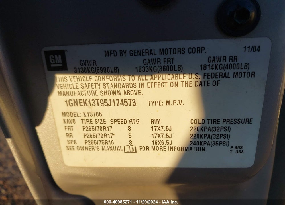 2005 CHEVROLET TAHOE LT VIN: 1GNEK13T95J174573