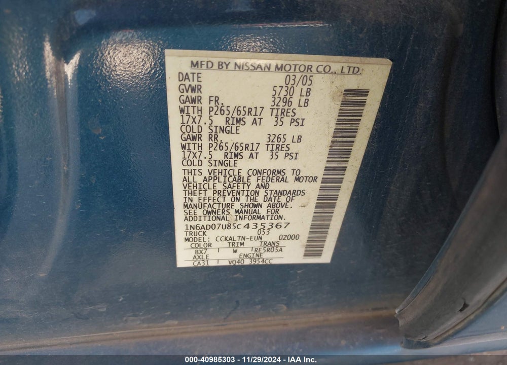 2005 NISSAN FRONTIER LE VIN: 1N6AD07U85C435367