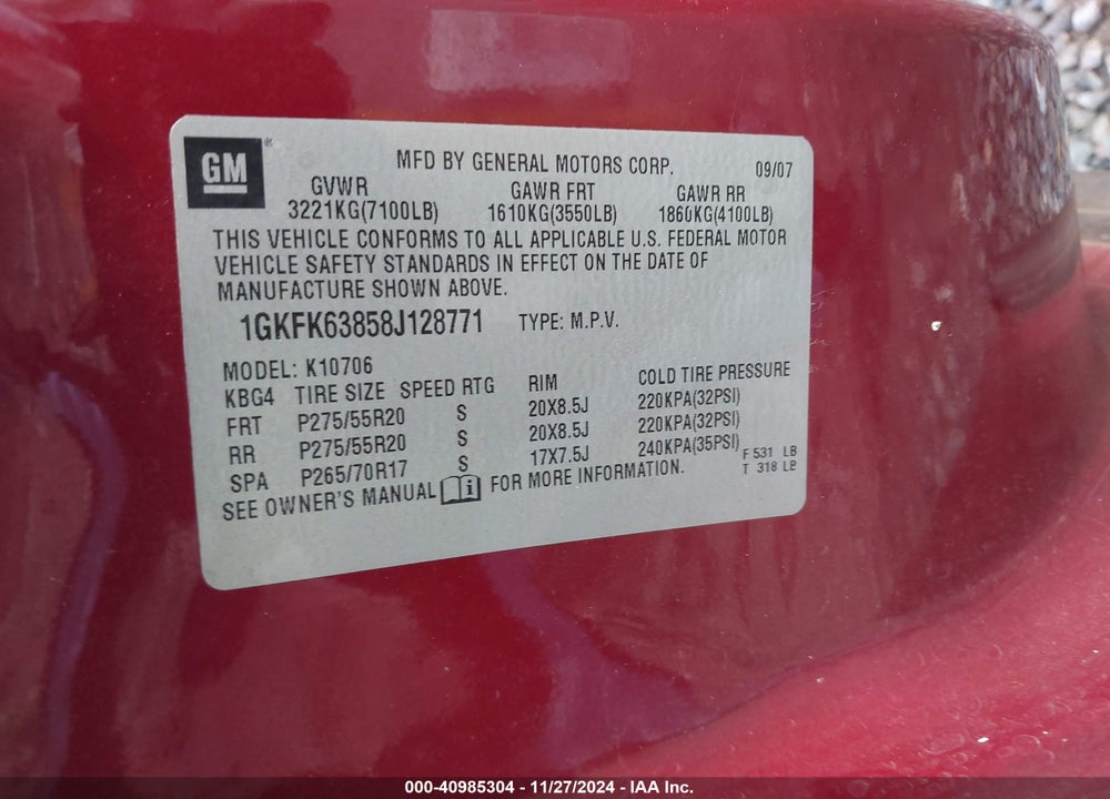 2008 GMC YUKON DENALI VIN: 1GKFK63858J128771