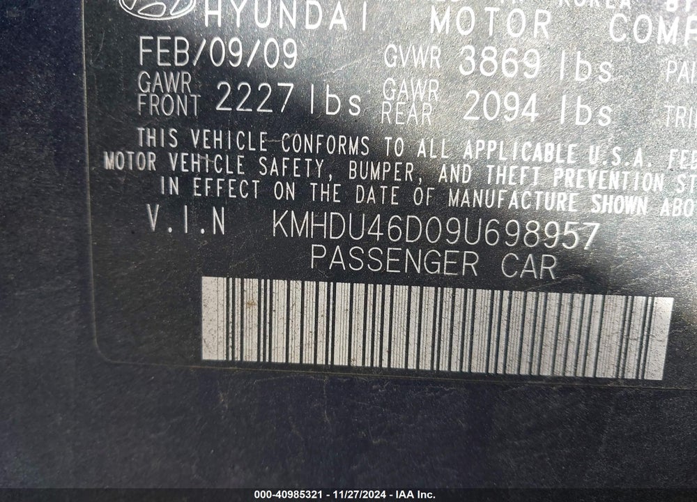 2009 HYUNDAI ELANTRA GLS VIN: KMHDU46D09U698957