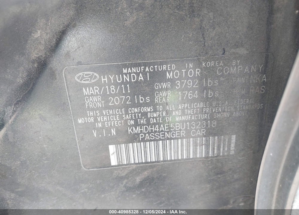 2011 HYUNDAI ELANTRA GLS (ULSAN PLANT) VIN: KMHDH4AE5BU132318