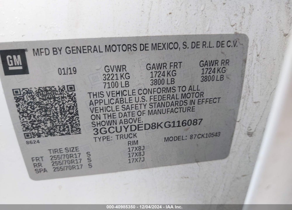 2019 CHEVROLET SILVERADO 1500 LT VIN: 3GCUYDED8KG116087