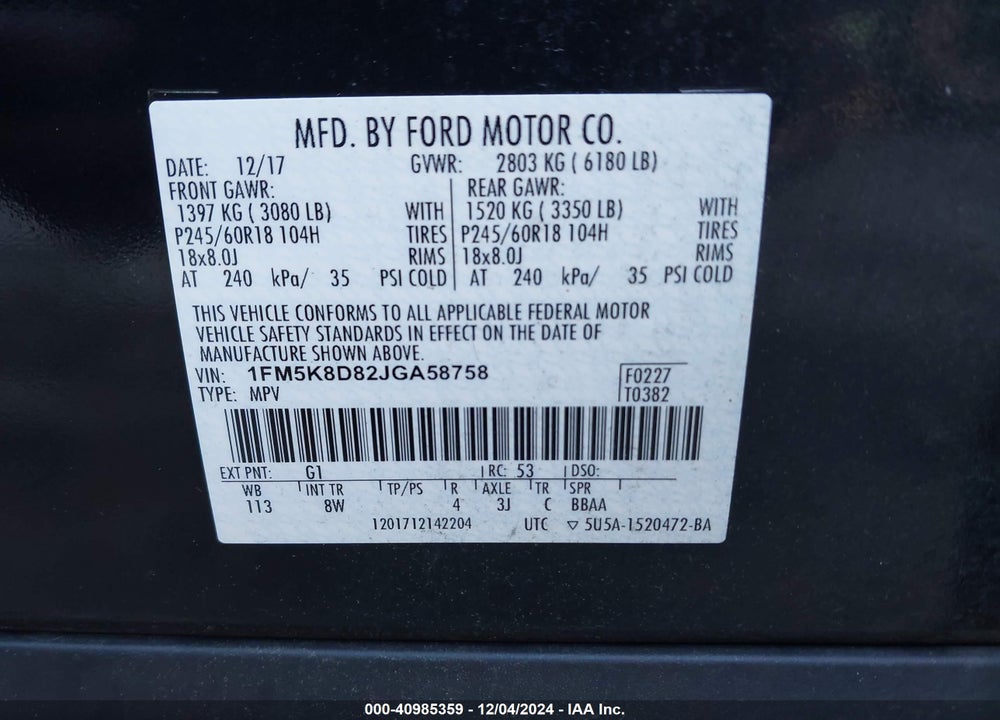 2018 FORD EXPLORER XLT VIN: 1FM5K8D82JGA58758