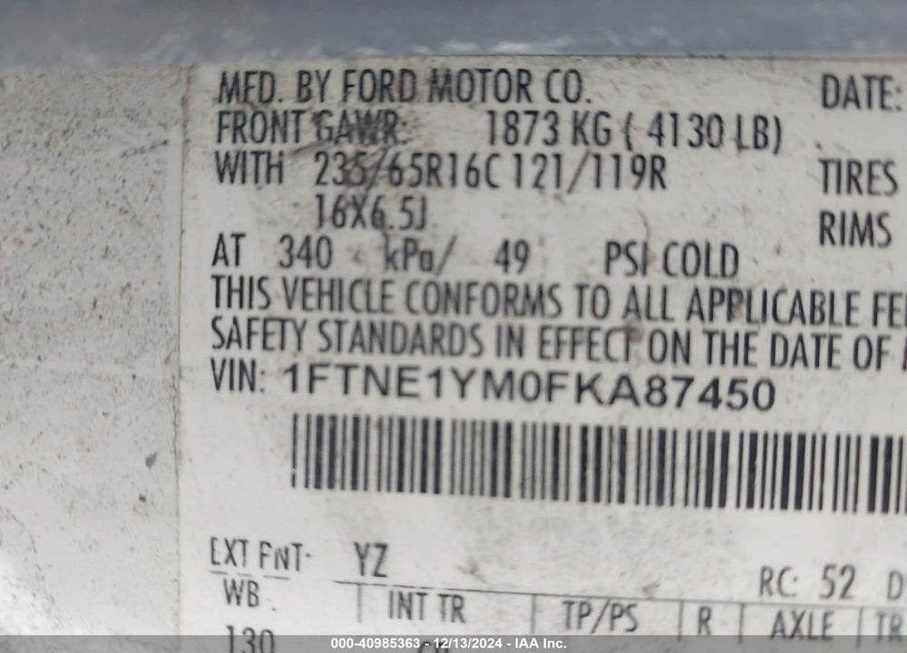 2015 FORD TRANSIT-150 VIN: 1FTNE1YM0FKA87450