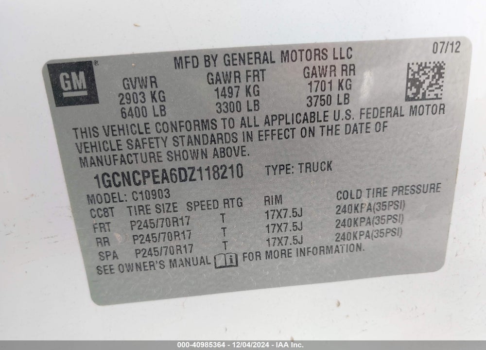 2013 CHEVROLET SILVERADO 1500 WORK TRUCK VIN: 1GCNCPEA6DZ118210