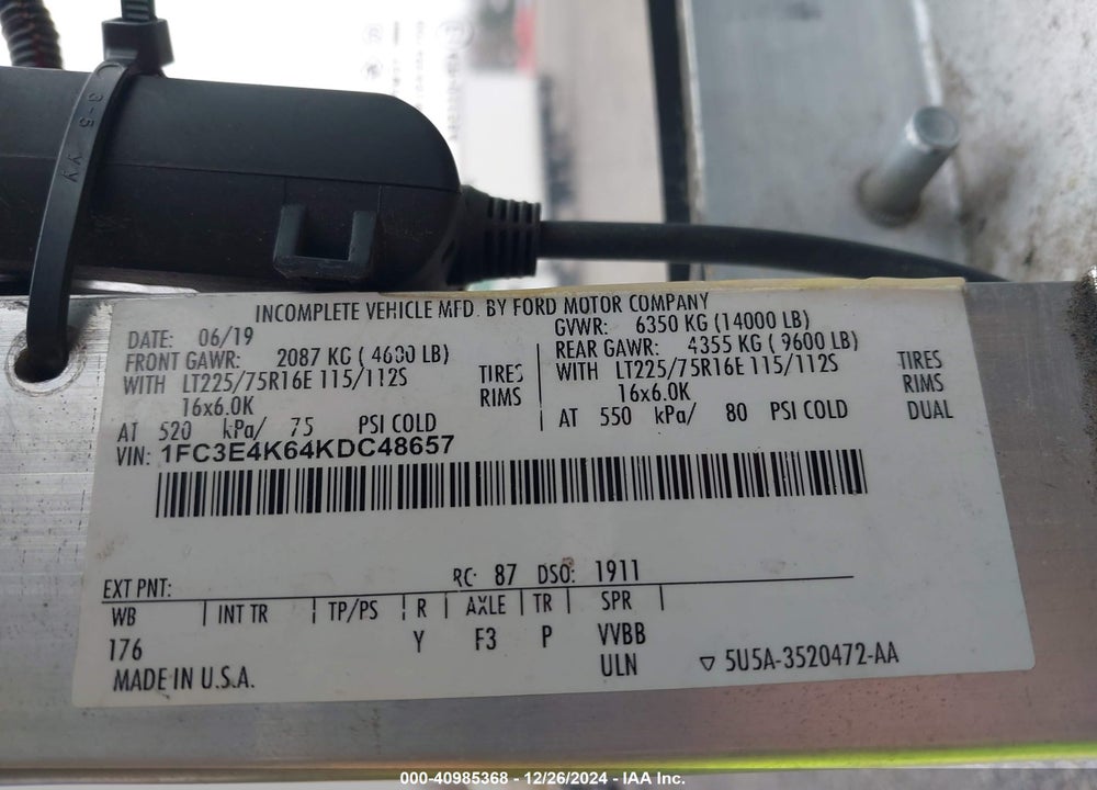 2019 FORD E-450 STRIPPED VIN: 1FC3E4K64KDC48657