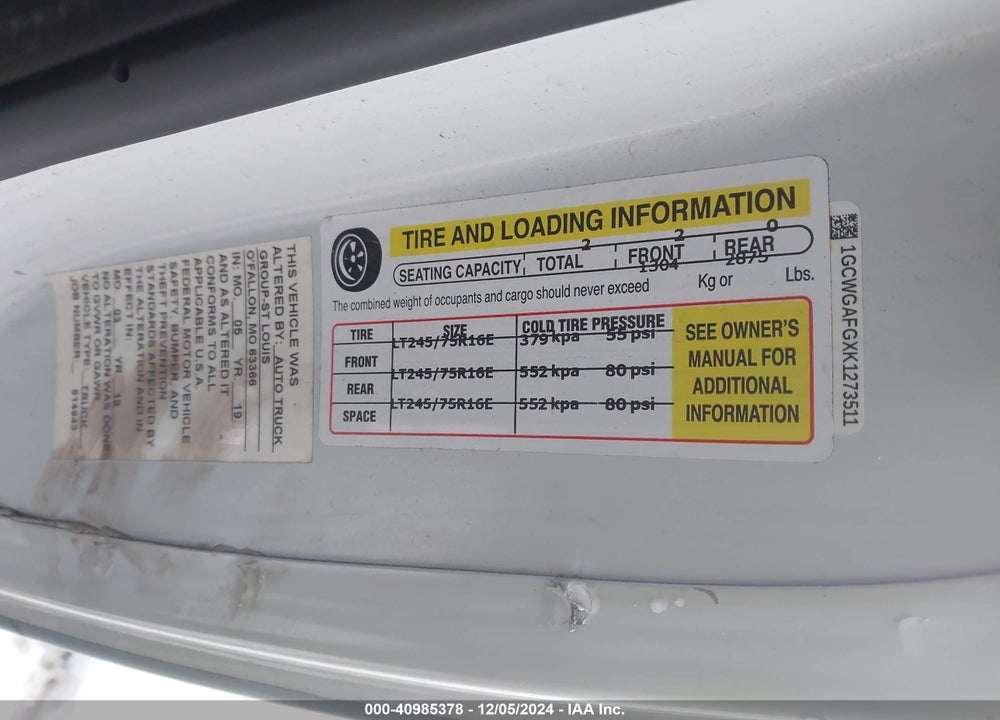 2019 CHEVROLET EXPRESS 2500 WORK VAN VIN: 1GCWGAFGXK1273511