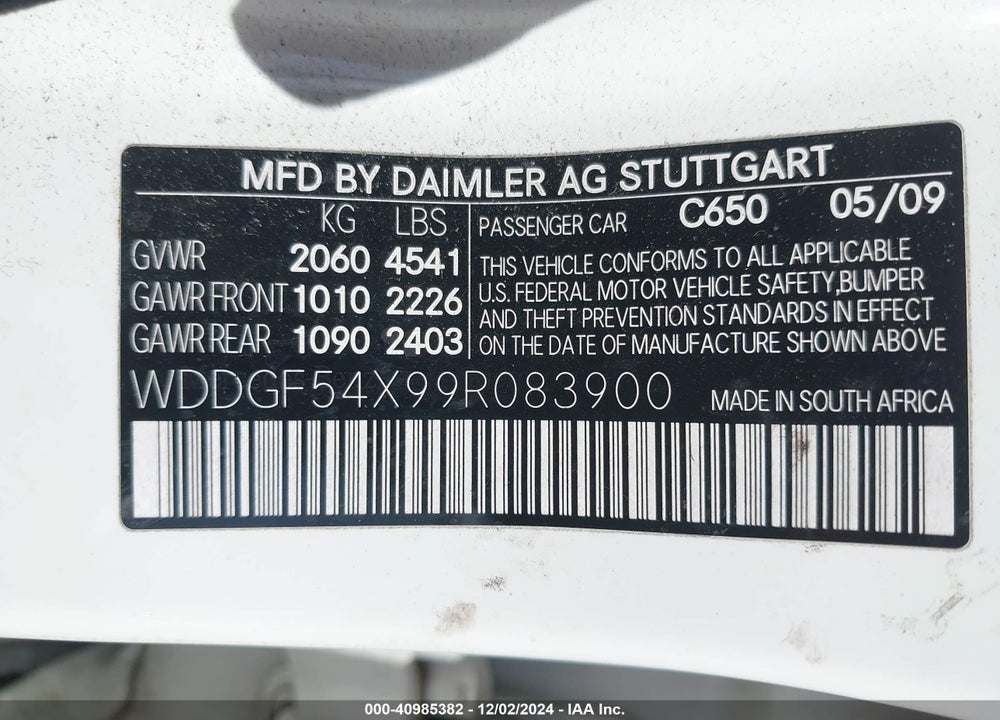 2009 MERCEDES-BENZ C 300 LUXURY/SPORT VIN: WDDGF54X99R083900