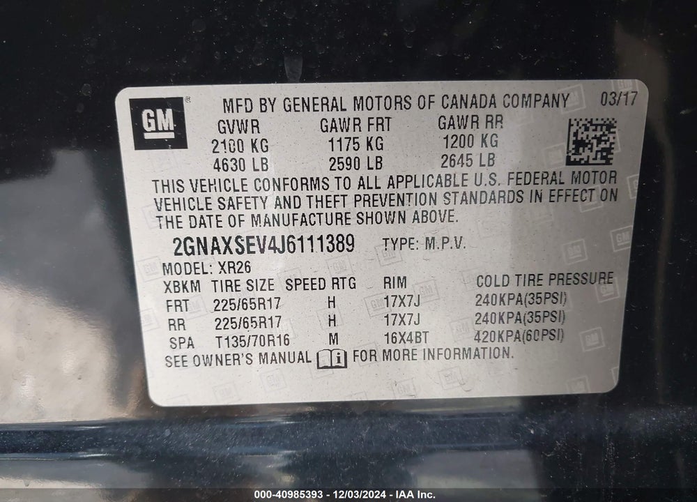 2018 CHEVROLET EQUINOX LT VIN: 2GNAXSEV4J6111389