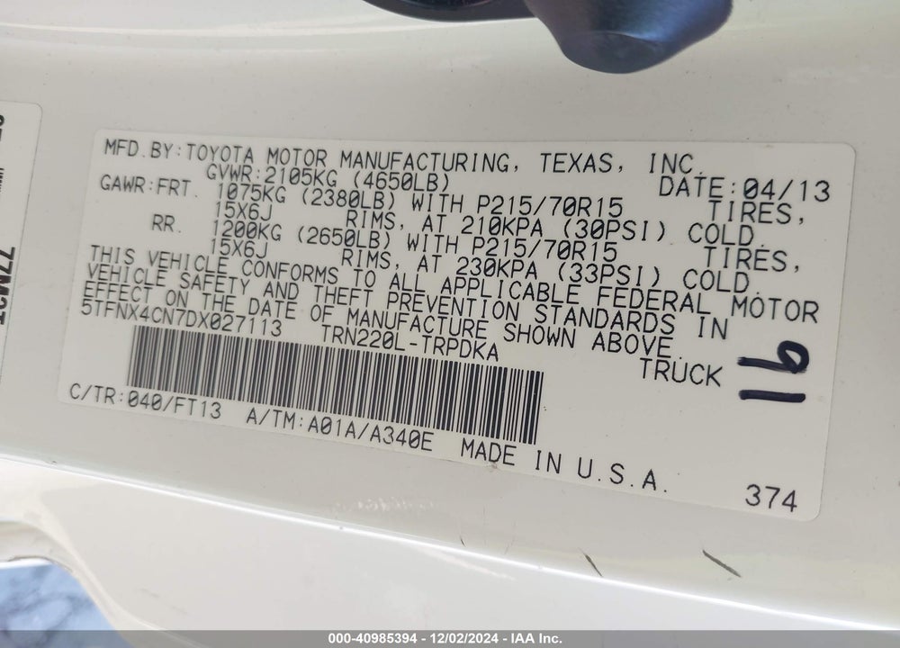 2013 TOYOTA TACOMA VIN: 5TFNX4CN7DX027113