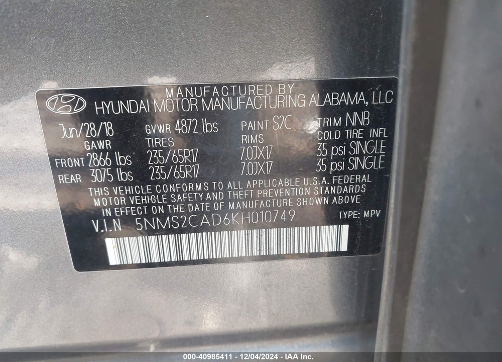 2019 HYUNDAI SANTA FE SE VIN: 5NMS2CAD6KH010749