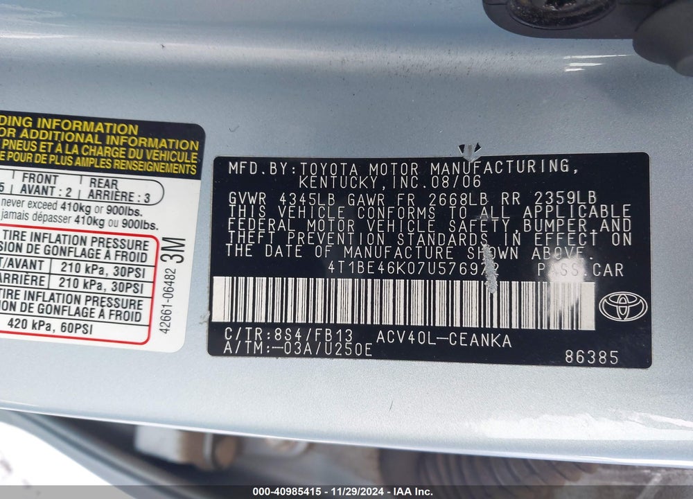 2007 TOYOTA CAMRY VIN: 4T1BE46K07U576972