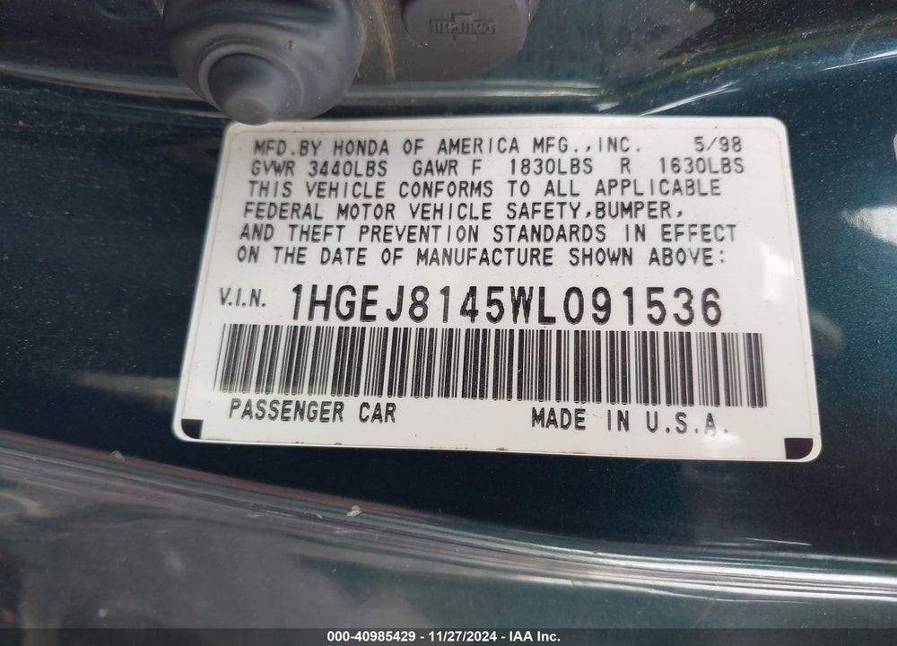 1998 HONDA CIVIC EX VIN: 1HGEJ8145WL091536