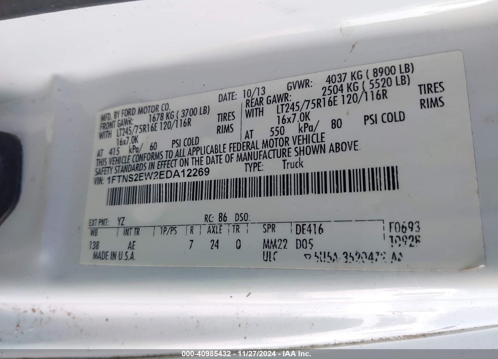 2014 FORD E-250 COMMERCIAL VIN: 1FTNS2EW2EDA12269