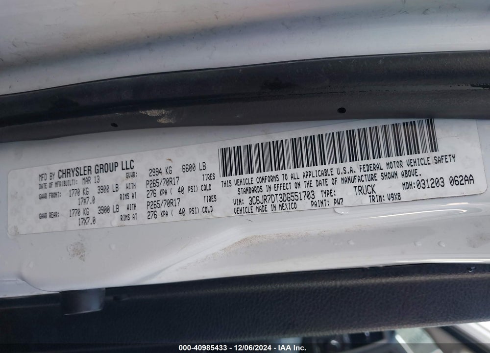 2013 RAM 1500 TRADESMAN VIN: 3C6JR7DT3DG551703
