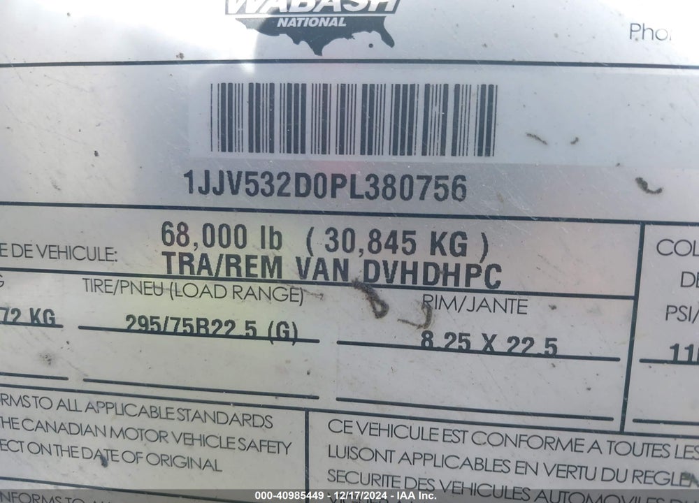 2023 WABASH NATIONAL CORP SEMI TRAILER VIN: 1JJV532D0PL380756