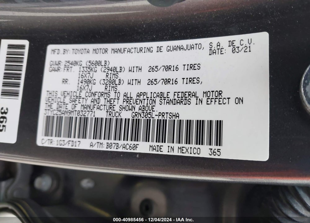 2021 TOYOTA TACOMA TRD OFF ROAD VIN: 3TYCZ5AN9MT032771