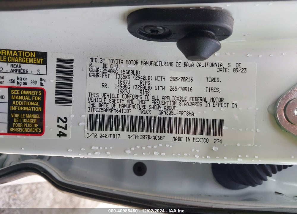 2023 TOYOTA TACOMA TRD OFF ROAD VIN: 3TMCZ5ANXPM641187