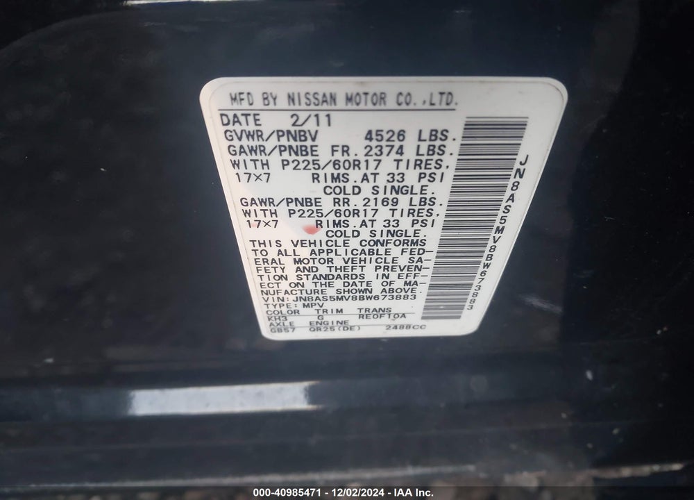 2011 NISSAN ROGUE SV VIN: JN8AS5MV8BW673883
