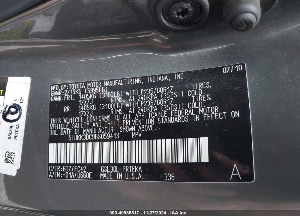 2011 TOYOTA SIENNA LE V6 VIN: 5TDKK3DC9BS059413