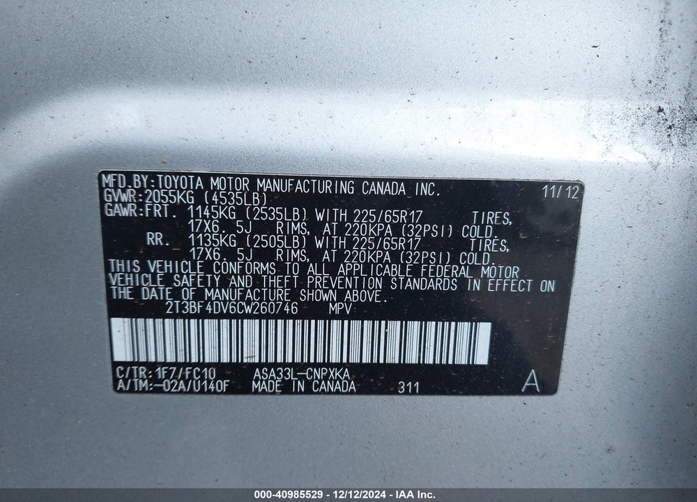 2012 TOYOTA RAV4 VIN: 2T3BF4DV6CW260746