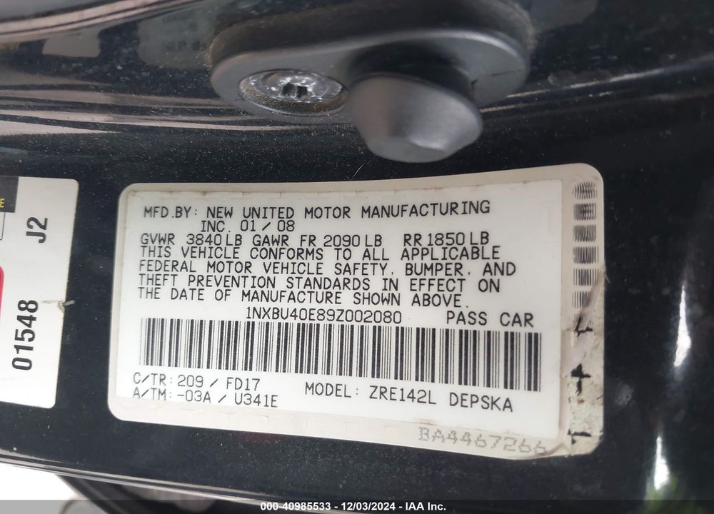 2009 TOYOTA COROLLA S VIN: 1NXBU40E89Z002080