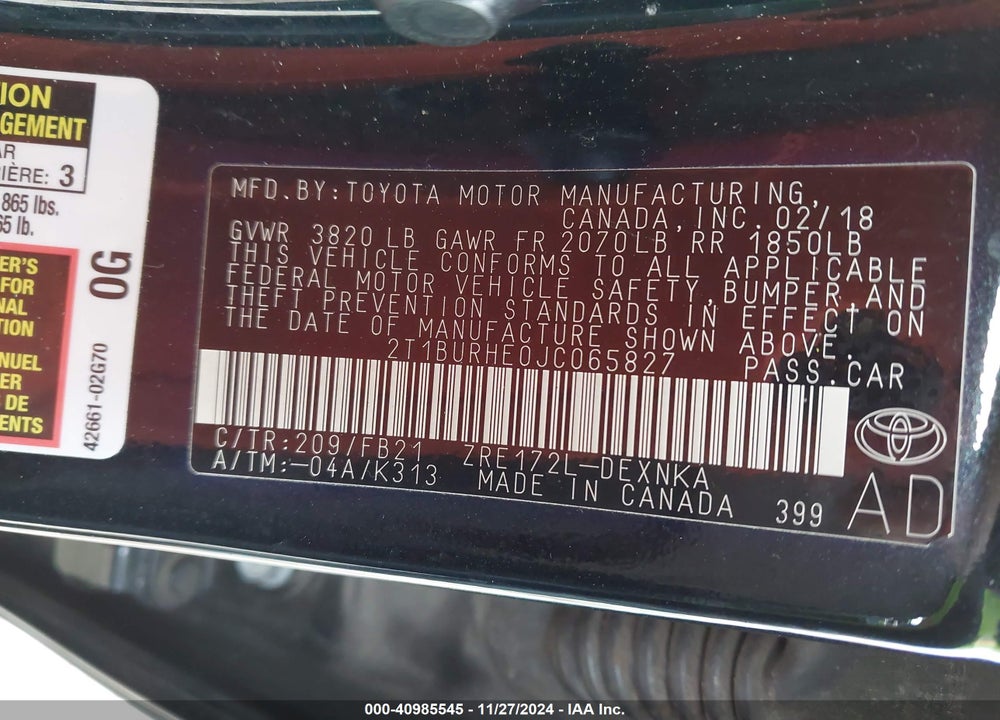 2018 TOYOTA COROLLA LE VIN: 2T1BURHE0JC065827