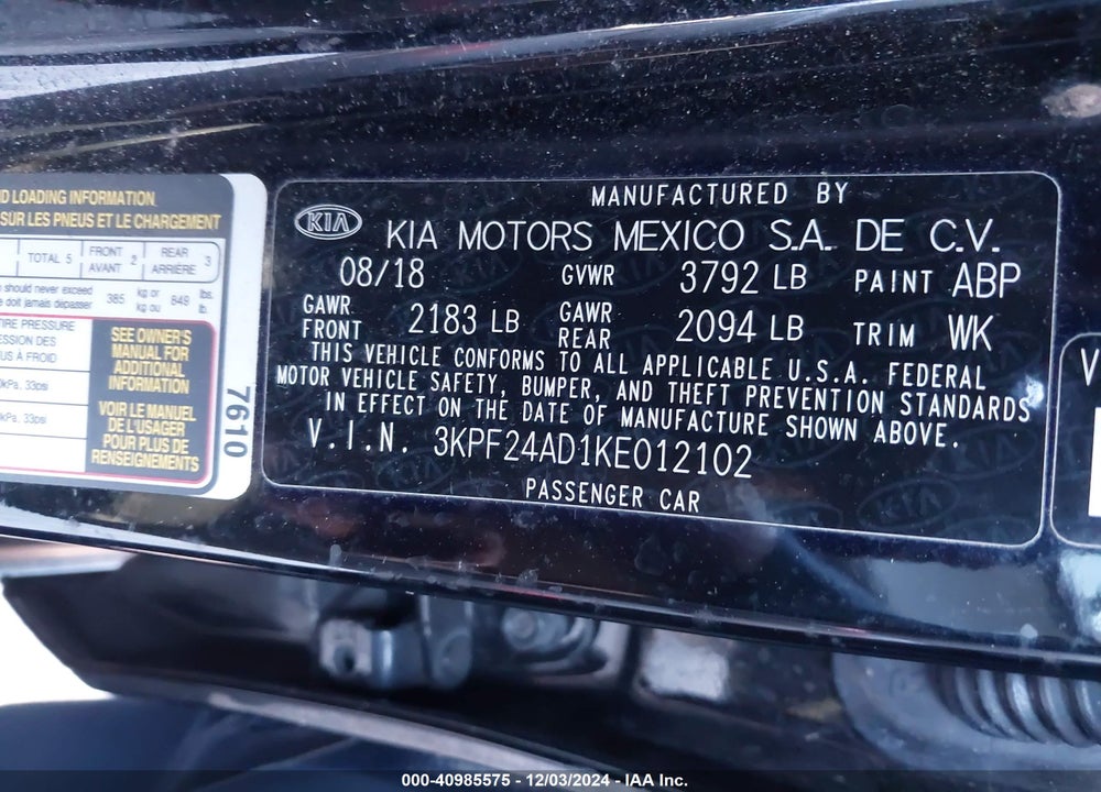 2019 KIA FORTE LXS VIN: 3KPF24AD1KE012102