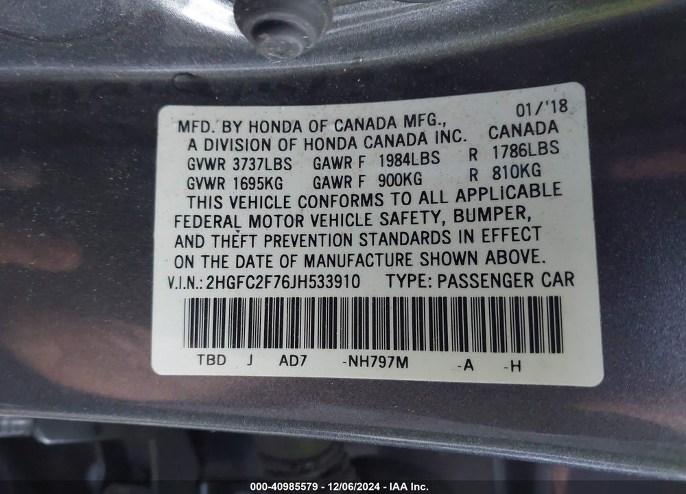 2018 HONDA CIVIC EX VIN: 2HGFC2F76JH533910