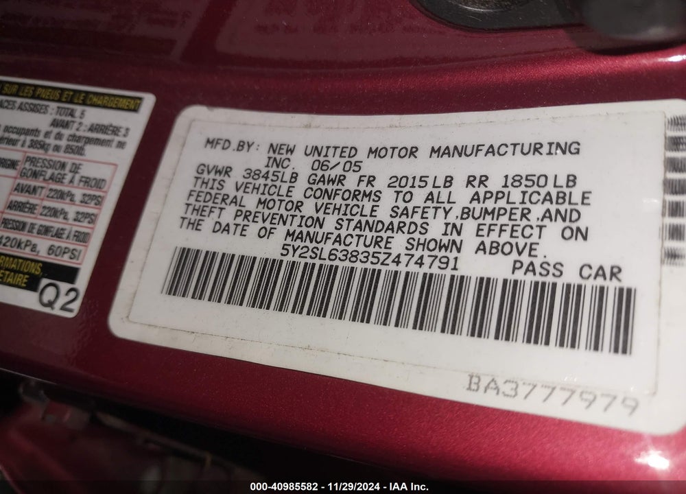 2005 PONTIAC VIBE VIN: 5Y2SL63835Z474791