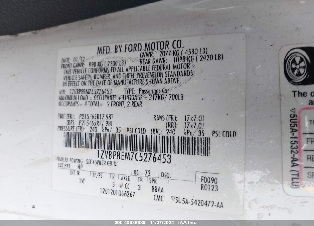 2012 FORD MUSTANG V6 VIN: 1ZVBP8EM7C5276453
