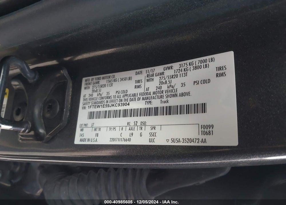 2018 FORD F-150 XLT VIN: 1FTEW1E59JKC93904