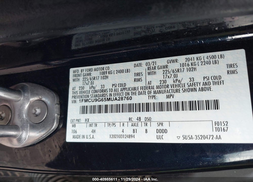 2021 FORD ESCAPE SE VIN: 1FMCU9G65MUA28760