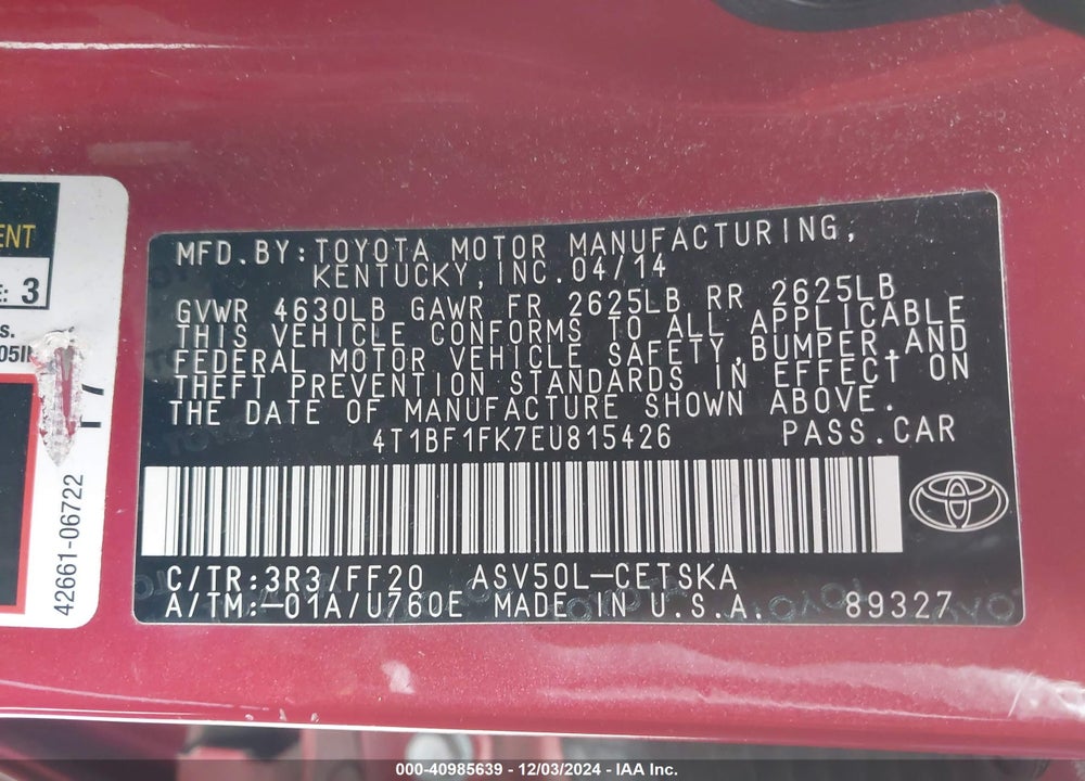 2014 TOYOTA CAMRY SE VIN: 4T1BF1FK7EU815426
